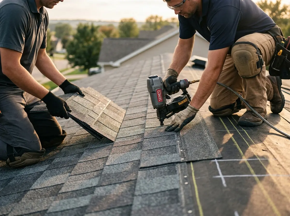 Professional roofer working on a residential roof in Sturgeon Bay